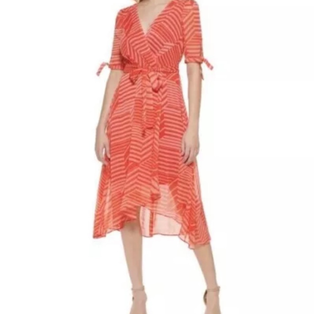 NWT! Tommy Hilfiger Women Chiffon Striped Faux-Wrap Midi Dress ~ Red/Orange